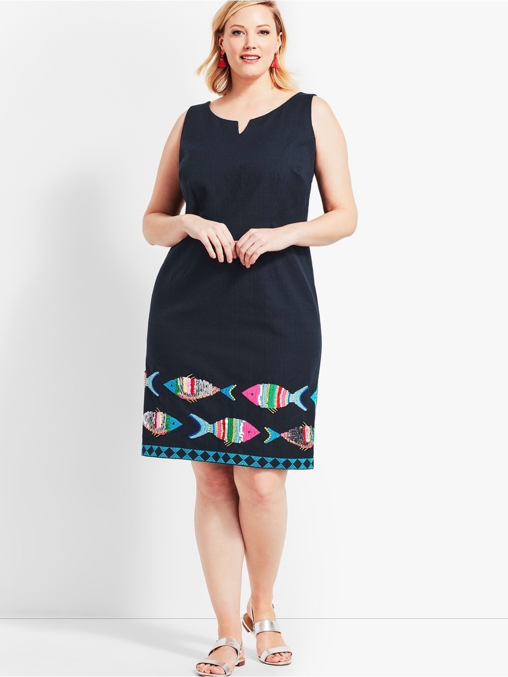 Talbots Embroidered Fish Navy Blue Sleeveless Shift Dress‎ Size 14